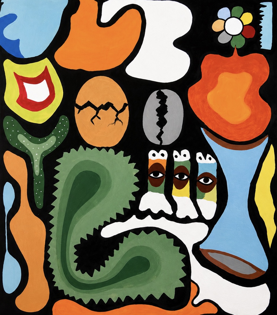 Bold flat-colour painting with faces and forms