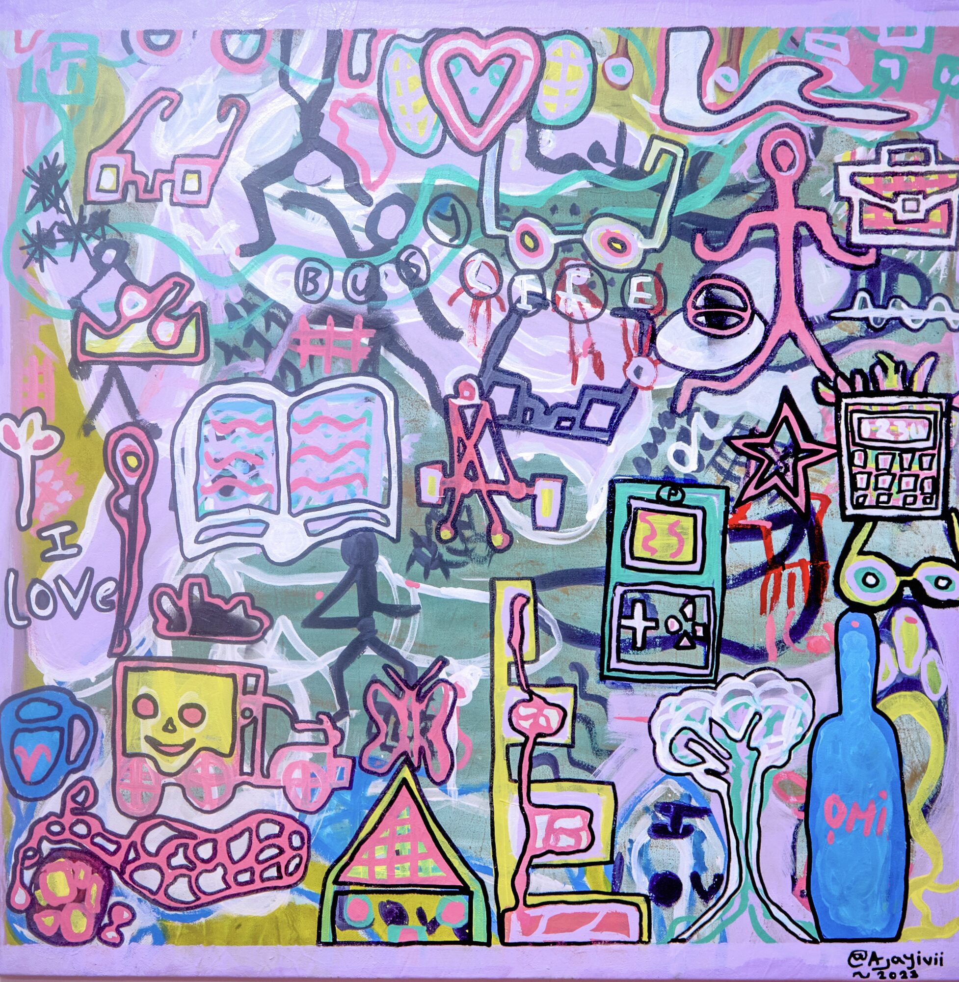 Neo-expressionist painting with symbols and figures