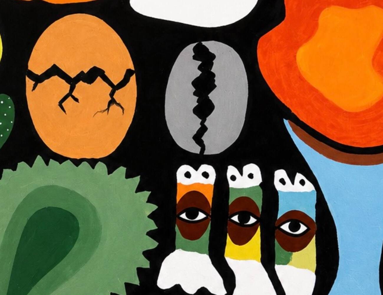 Detail of Rebirth (Atunbi) by Elijah Snoz — close-up of the cracked egg, cracked cowrie and three symbolic eyes