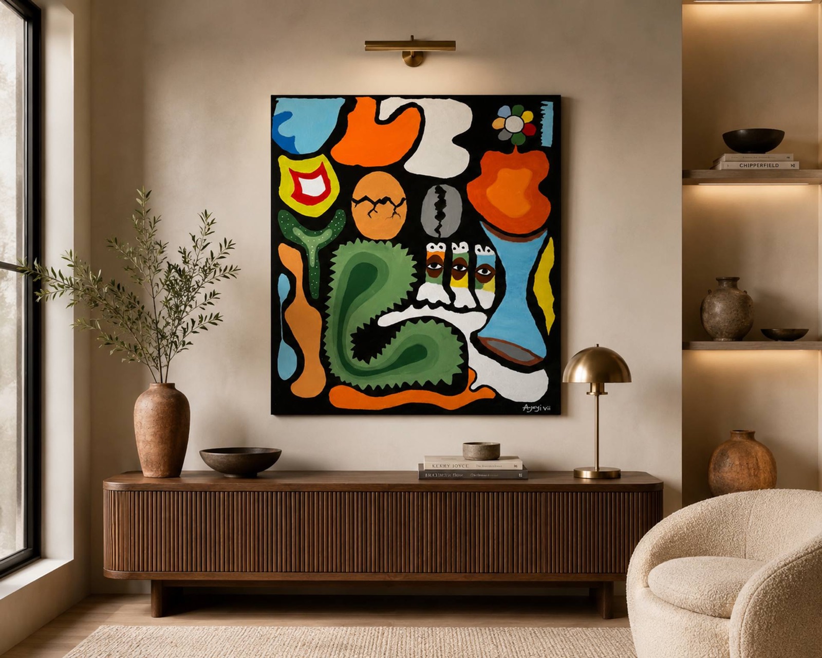 Rebirth (Atunbi) painting by Elijah Snoz shown mounted above a wooden console in a living room